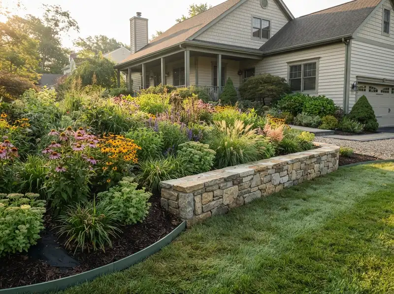 New stone retaining wall and landscaping