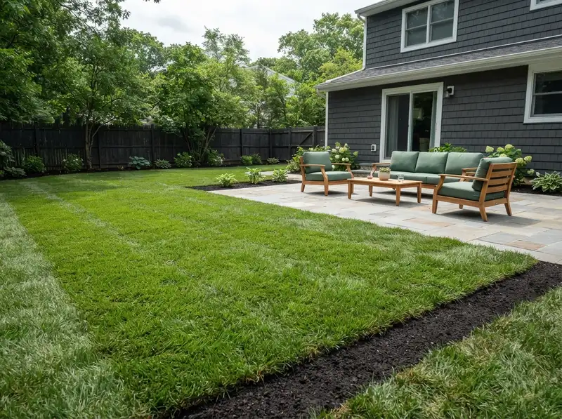 Newly installed lush green sod lawn Newly installed lush green sod lawn
